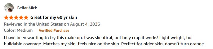 Five-star Amazon review, Verified Purchase: Great for my 60 yr skin